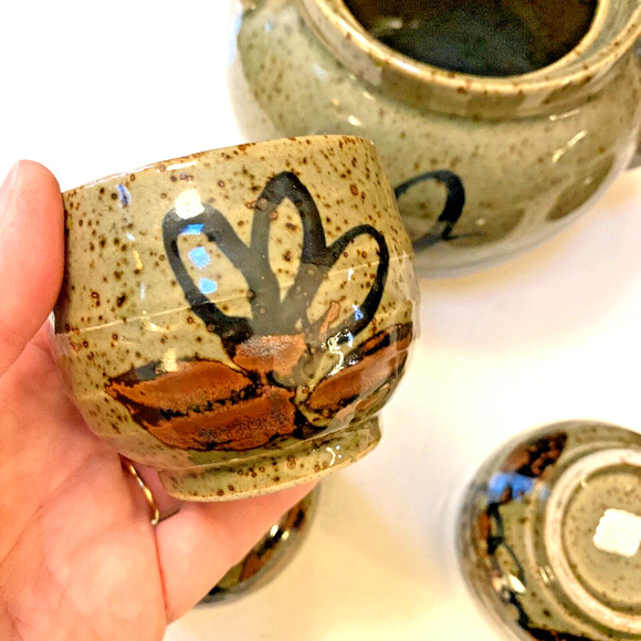 Vintage OMC Japan Tea Set Art Pottery Teapot & 4 Cups Stoneware Floral 70s Decor - Picture 11 of 12